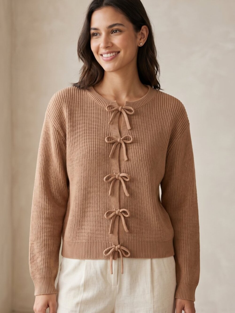 NWT Kipfall Brown Ribbed Knit Sweater Front Bow Tie Closures Large